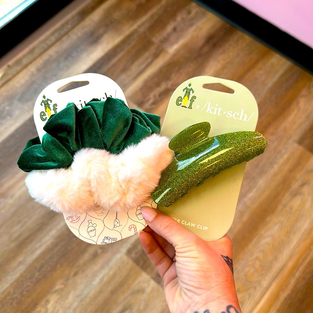 Kitsch Elf scrunchie and sparkly clip set